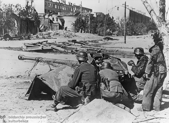 German 5 cm Pak 38 Anti-Tank Gun in Open Artillery Position on a Street Crossing in Stalingrad (October 8, 1942) 